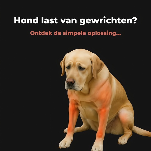 A high-contrast 1:1 square ad creative that uses a digital heat map overlay on a dog to clearly identify the target area for a joint relief product.